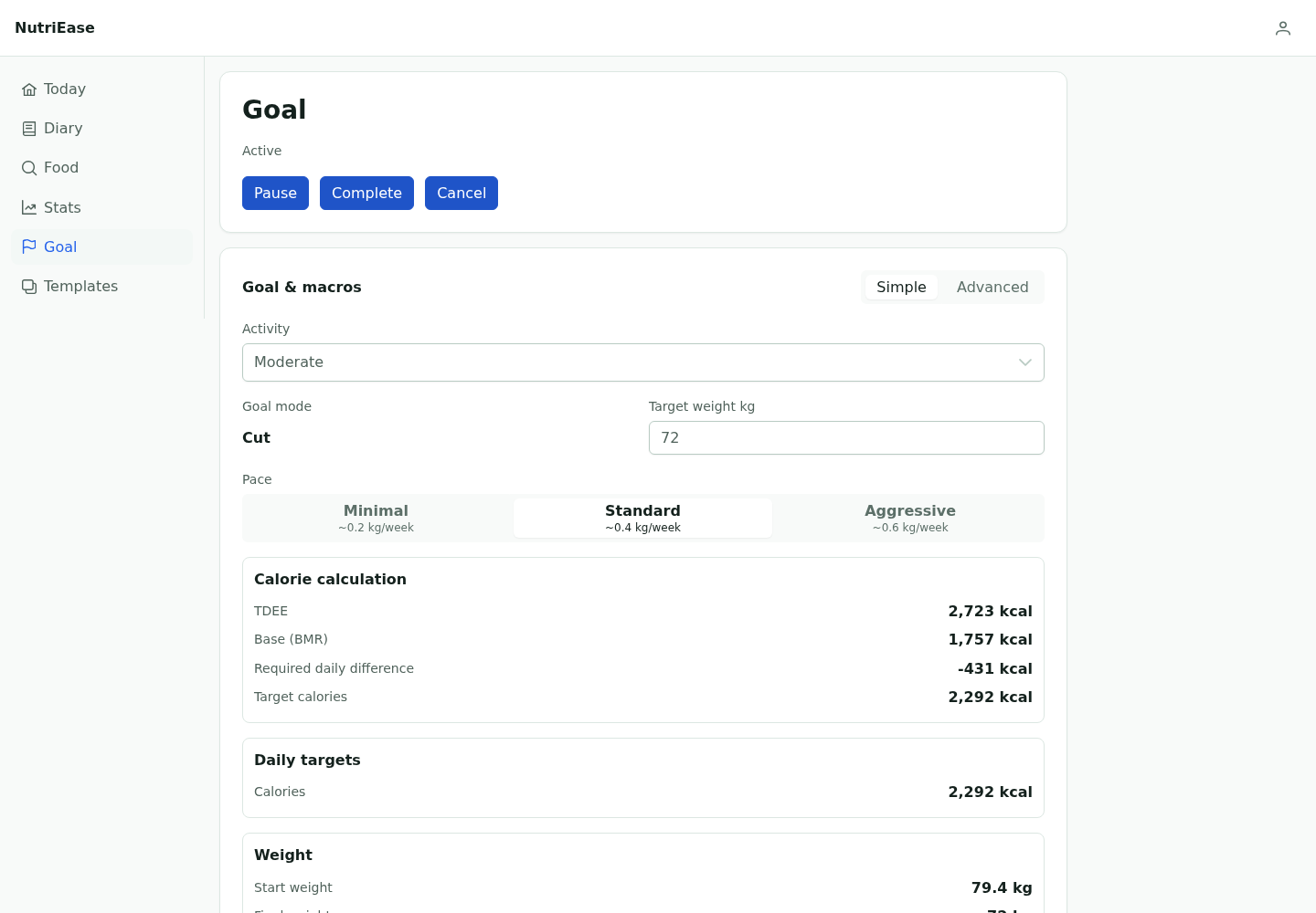 NutriEase goal editor with target weight, calories, and macro plan